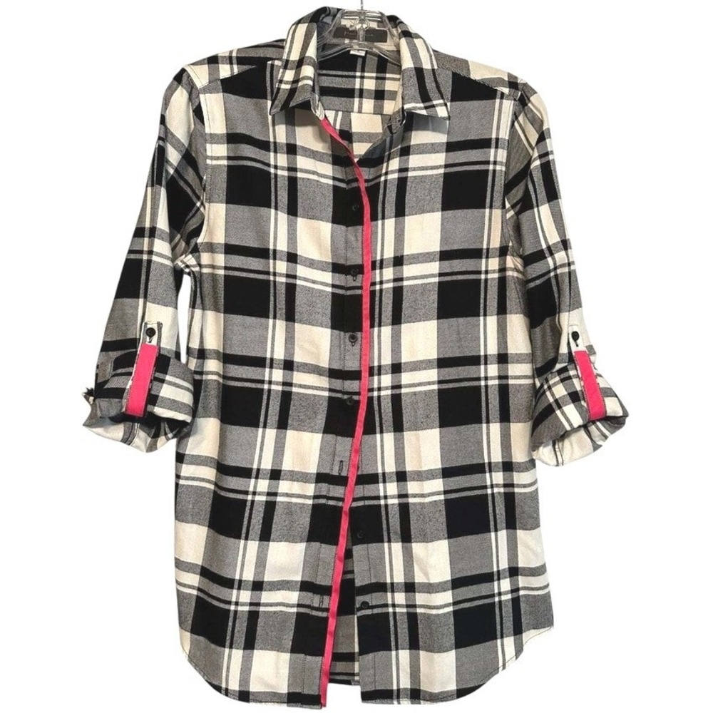Pearly Vine Womens Shirt Black White‎ Plaid Contrast Pink Trim Boutique Chic S